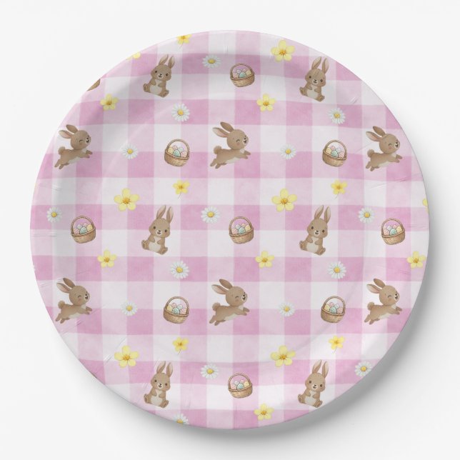 Prato De Papel Easter Bunny Pink Gingham (Frente)