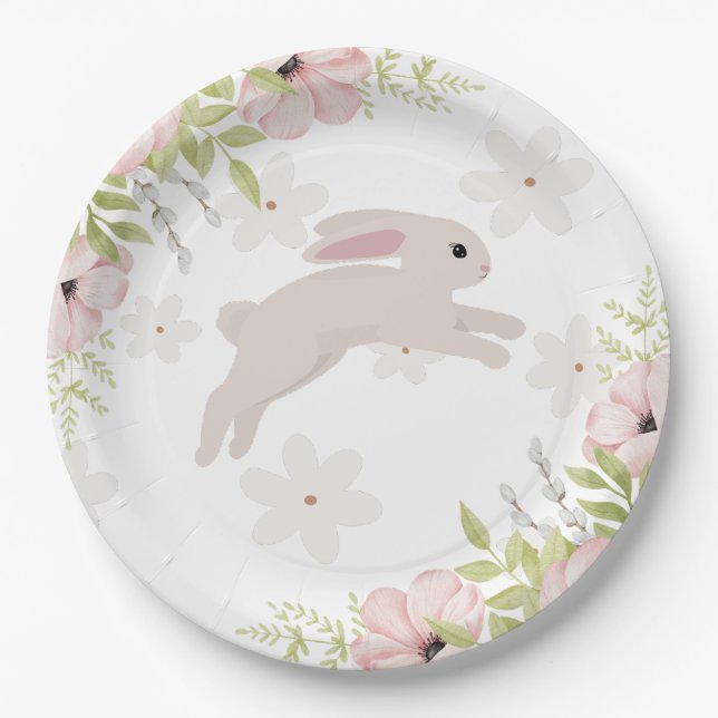 Prato De Papel Easter Bunny Rabbit Pink Flowers (Frente)