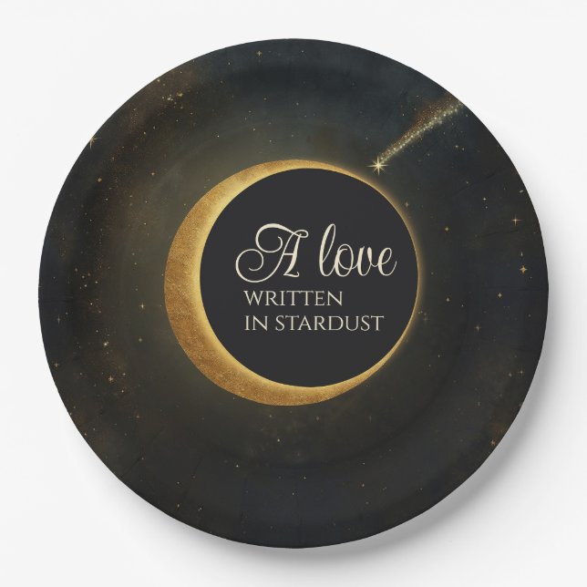 Prato De Papel Eclipse de Poeira Estelar Dourada Casamento Celest (Frente)
