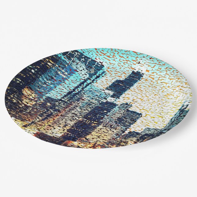 Prato De Papel Edifícios da cidade azul em mosaico com alivio (Inclinado)