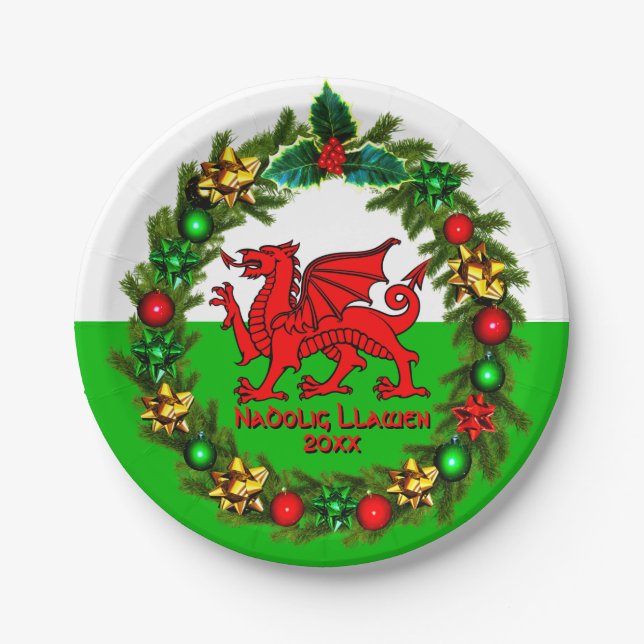 Prato De Papel Editar Ano do Welsh Flag Red Dragon Natal 7" (Frente)