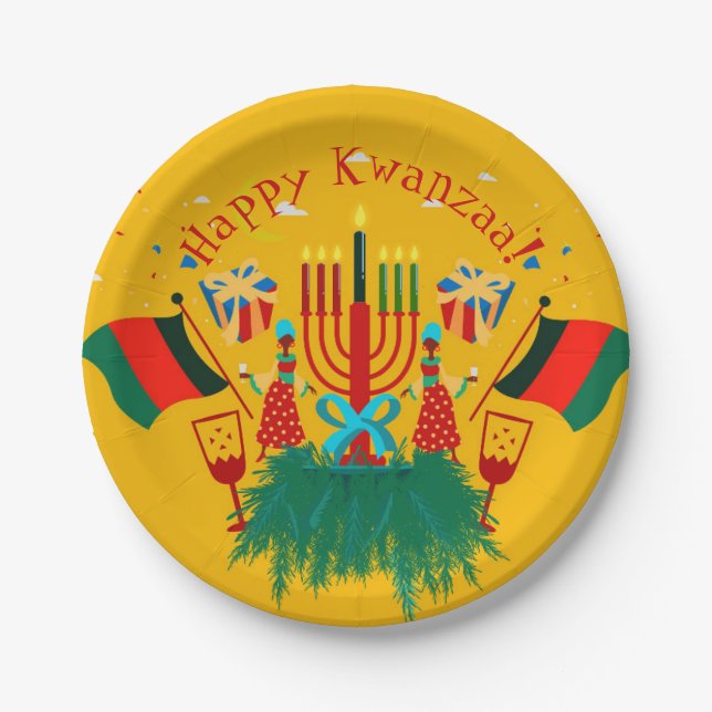 Prato De Papel Editar Texto Correspondente ao Kwanzaa Party 7" (Frente)