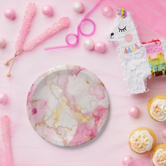 Prato De Papel Efeito Marble Dourado e rosa-claro (Festa)