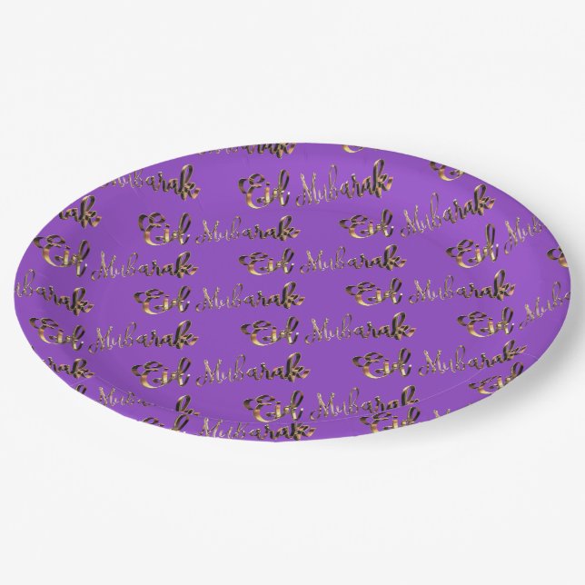 Prato De Papel Eid Mubarak Dourado Olhar Padrão Roxo Elegante (Inclinado)