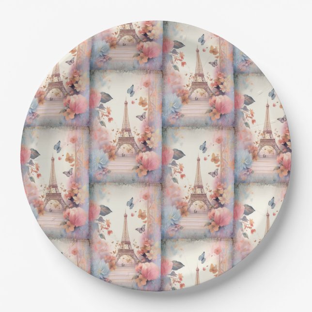 Prato De Papel Eiffel Tower Butterflies and Flowers (Frente)