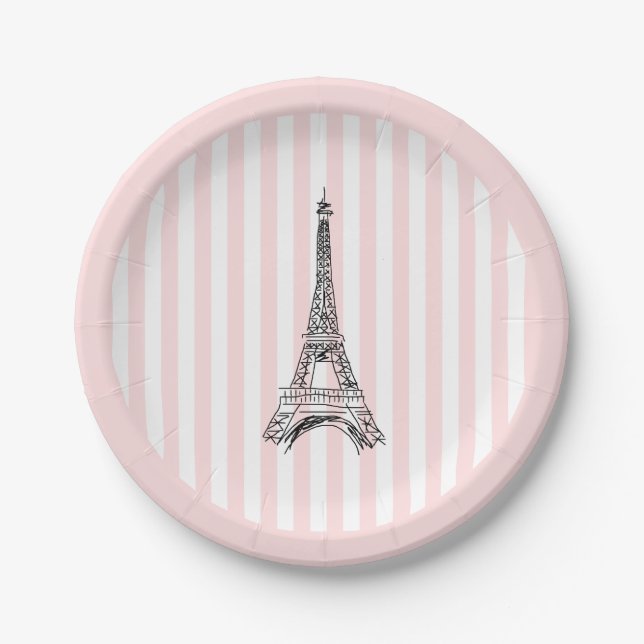 Prato De Papel Eiffel Tower Paris Illustration Pink Stripe (Frente)
