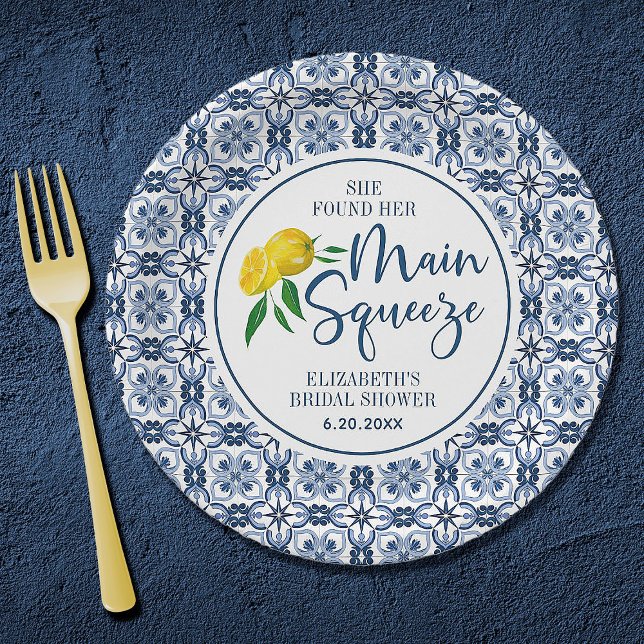 Prato De Papel Ela Encontrou Seu Chá de panela De Limão De Aperte (An elegant lemon Mediterranean main squeeze bridal shower paper plate)
