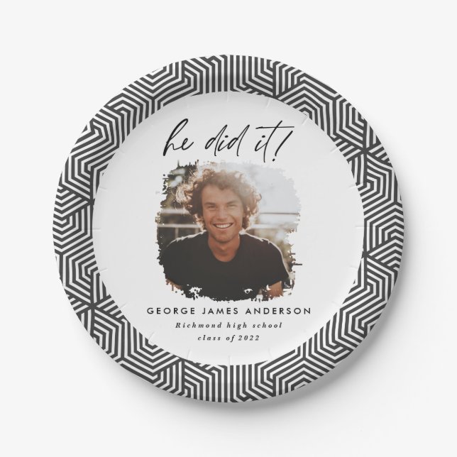 Prato De Papel Ele fez isso cinza festa de formatura geométrica (Frente)
