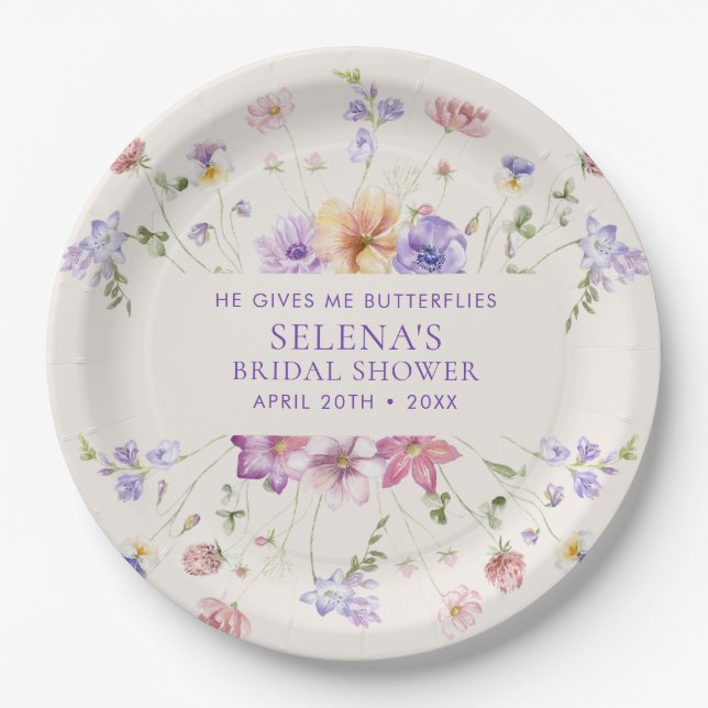 Prato De Papel Ele Me Dá Chá de panela De Borboletas Roxas (Frente)