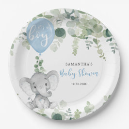 Prato De Papel Elefante azul-balão chá de fraldas verde