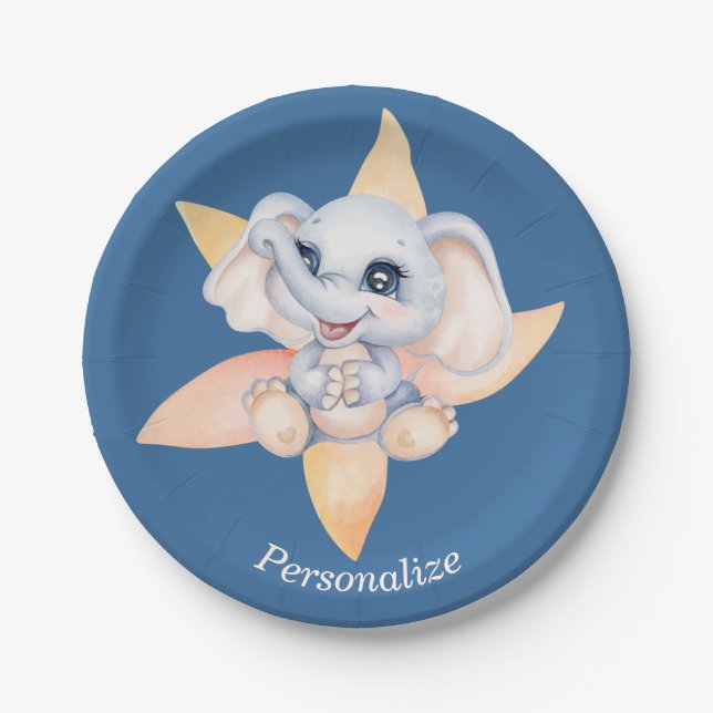 Prato De Papel Elefante-bebê giro personalizado de Cinza azul-flo (Frente)
