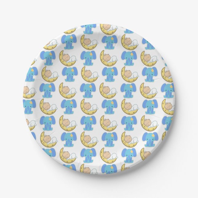 Prato De Papel Elefante com Design de bebê de lua (Frente)