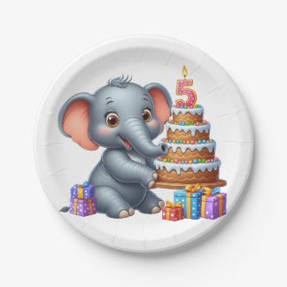 Prato De Papel Elefante Fofo Aniversário de 5 anos