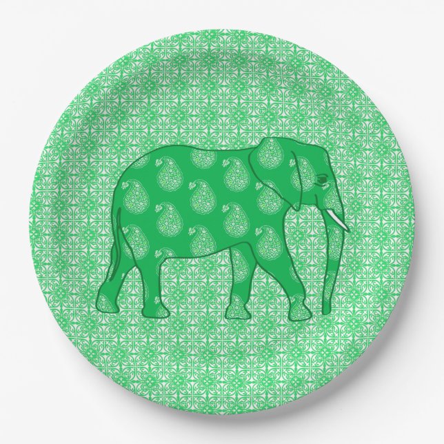 Prato De Papel Elefante paisley - verde jade e branco (Frente)