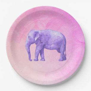 Prato De Papel Elefante roxo em aquarelas cor-de-rosa sonhadoras