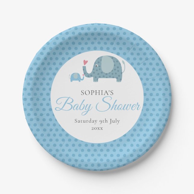 Prato De Papel Elefantes de Bolinhas Azuis Baby Shower / Sprinkle (Frente)
