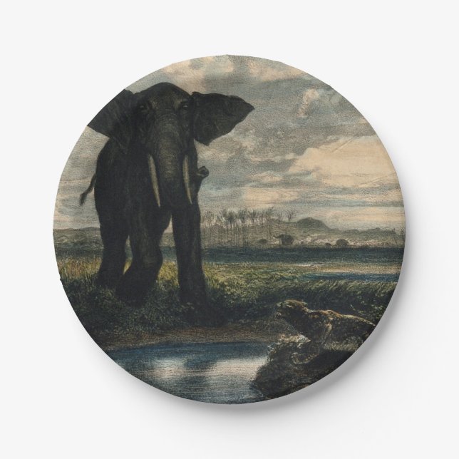 Prato De Papel Elefantes e Pantera no Deserto Indiano (Frente)