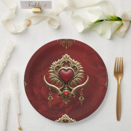 Prato De Papel Elegância em brilho vermelho com um coração orname