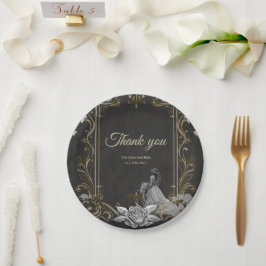 Prato De Papel Elegância em prata e preto.