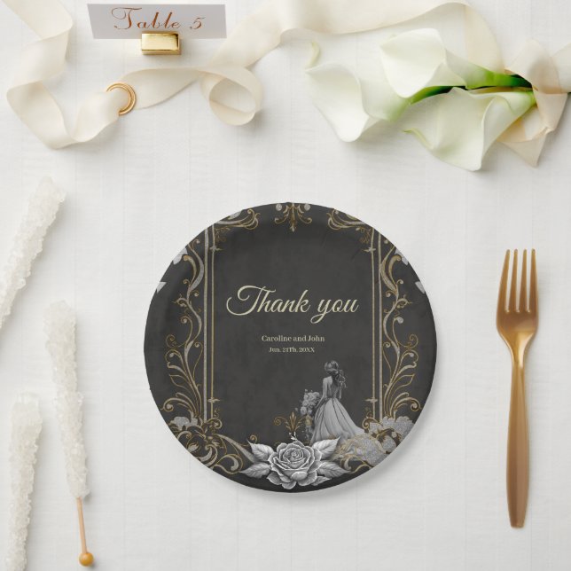 Prato De Papel Elegância em prata e preto. (Casamento)