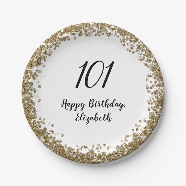 Prato De Papel Elegant 101st Birthday Plates With Gold Sequins (Frente)