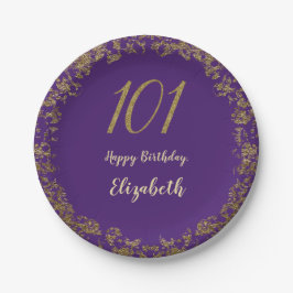 Prato De Papel Elegant 101st Birthday Purple and Gold