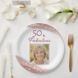 Prato De Papel Elegant 50 & Fabulous Rose Gold Photo Birthday 
