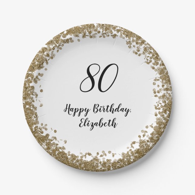 Prato De Papel Elegant 80th Birthday Plates With Gold Sequins (Frente)