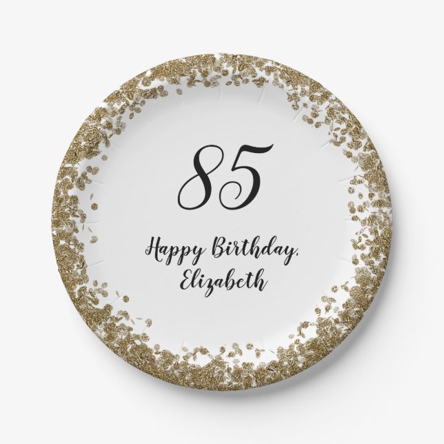 Prato De Papel Elegant 85th Birthday Plates With Gold Sequins (Frente)