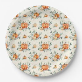 Prato De Papel Elegant Autumn Pumpkin and Eucalyptus Watercolor 
