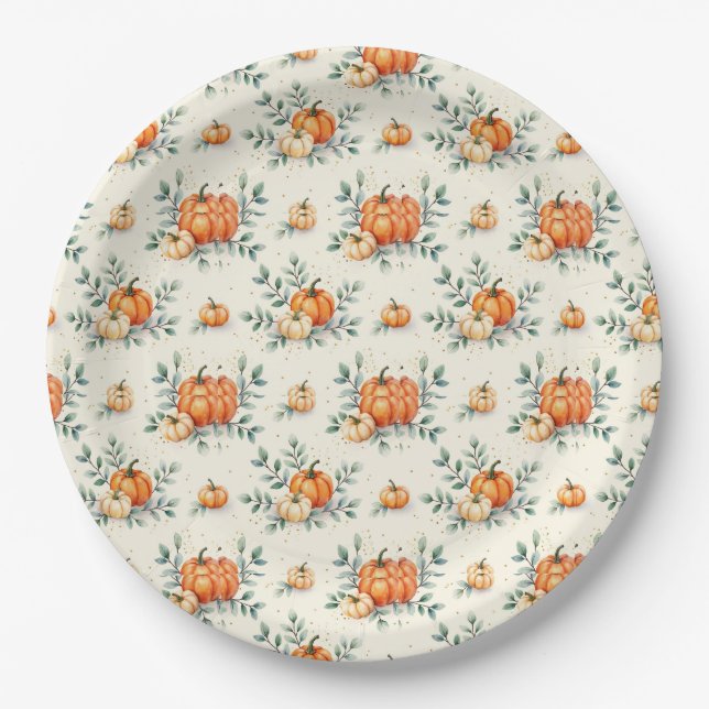 Prato De Papel Elegant Autumn Pumpkin and Eucalyptus Watercolor  (Frente)