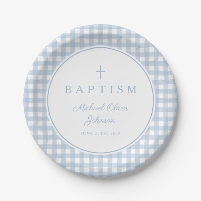 Prato De Papel Elegant Baby Blue Gingham Boy Baptism (Frente)