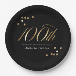 Prato De Papel Elegant Black and Gold 100th Birthday Party