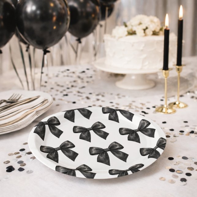 Prato De Papel Elegant Black Bow Birthday (Elegant Black Bow Birthday Paper Plates)