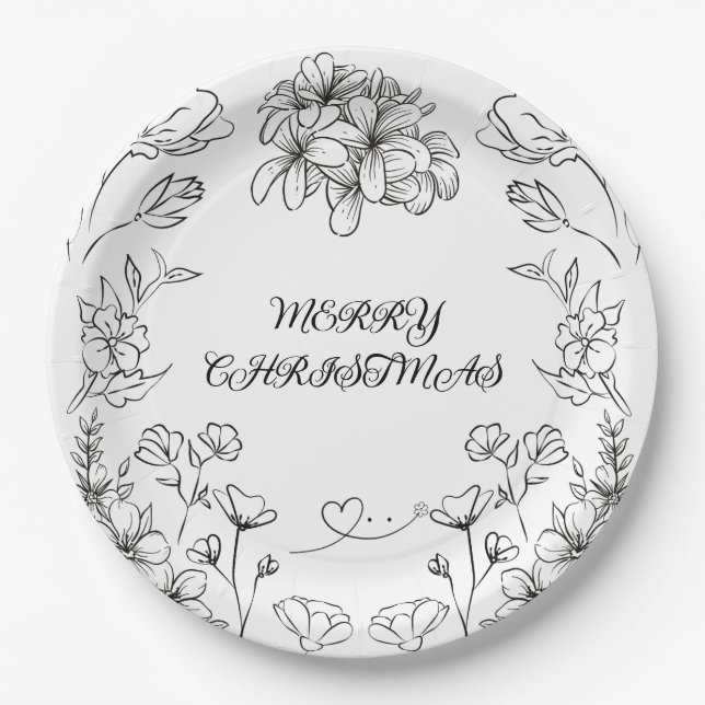 Prato De Papel Elegant Black White Floral Christmas Plate (Frente)