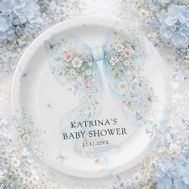 Prato De Papel Elegant Blue Bow Wildflower Baby Shower