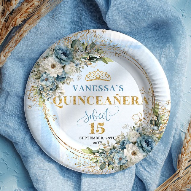 Prato De Papel Elegant Blue Floral Gold Custom Quinceañera Plates (Elegant Blue Floral Gold Custom Quinceañera Plates)