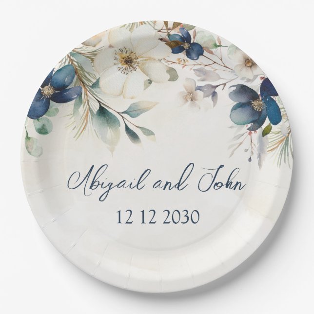 Prato De Papel Elegant Blue Floral Winter Wedding (Frente)