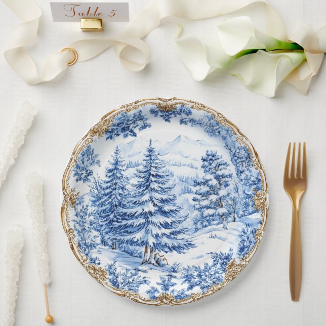 Prato De Papel Elegant Blue Toile Christmas Tree Holiday Dining  (Casamento)