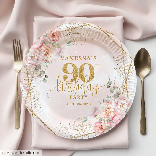 Prato De Papel Elegant Blush Floral Gold Frame 90th Birthday Plat (Elegant Blush Floral Gold Frame 90th Birthday Plates)