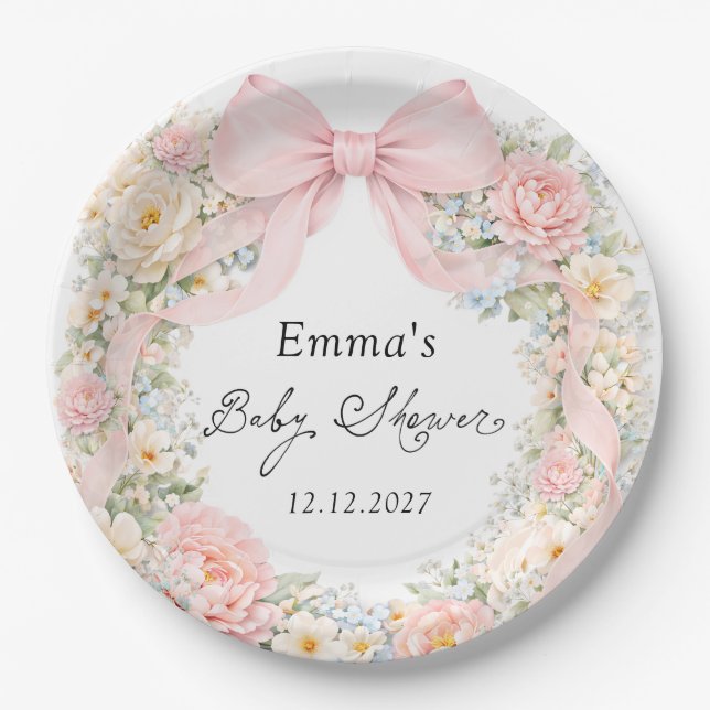 Prato De Papel Elegant Blush Pink Bow Floral Baby Shower (Frente)