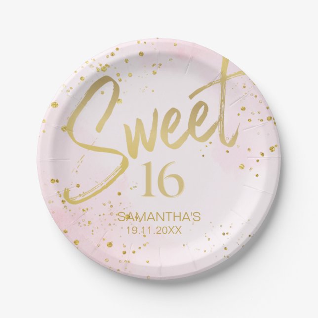 Prato De Papel Elegant Blush Pink & Gold Confetti Sweet 16 (Frente)