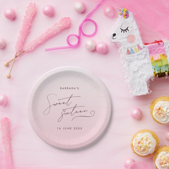 Prato De Papel Elegant Blush Pink Ombre Script Sweet Sixteen (Festa)