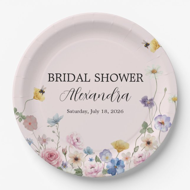 Prato De Papel Elegant Blush Pink Wildflower Bridal Shower (Frente)