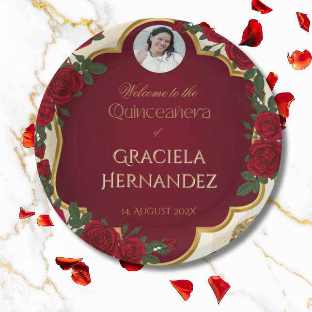Prato De Papel Elegant Burgundy Red & Gold Rose Quinceañera  (Criador carregado)