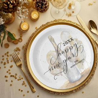 Prato De Papel Elegant Champagne and Balloons Happy New Year