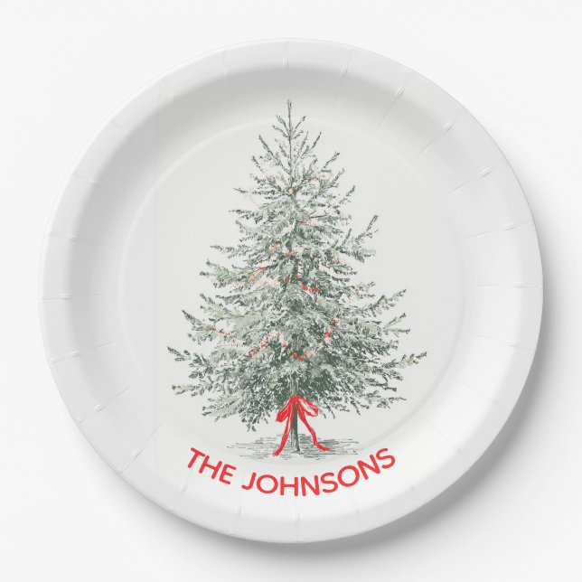 Prato De Papel Elegant Christmas Tree & Custom Name Paper Plates (Frente)