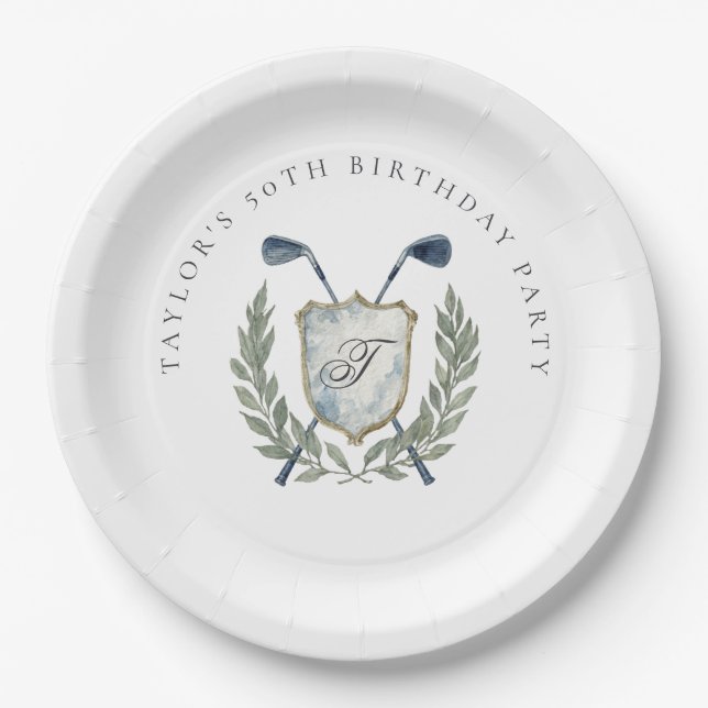Prato De Papel Elegant Classic Monogram Golf Crest Birthday Party (Frente)