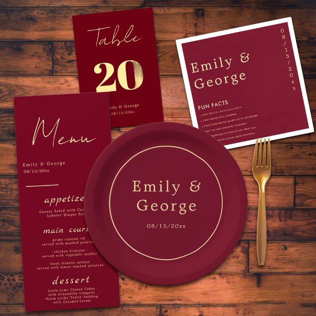 Prato De Papel Elegant Classy Burgundy Gold Modern Chic Wedding (Criador carregado)