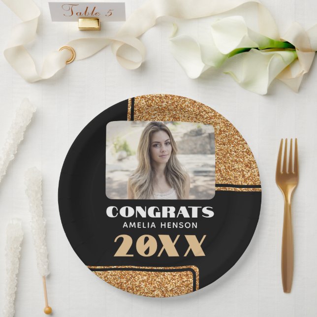 Prato De Papel Elegant Congrats Formando Dourado Glitter Photo (Casamento)